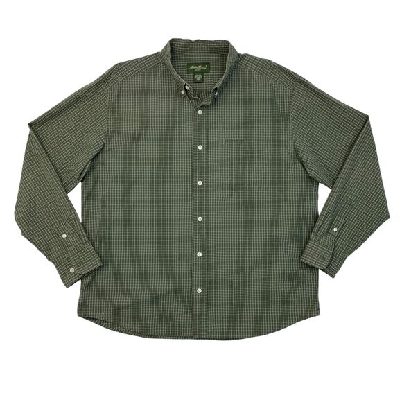 Eddie Bauer Shirt Mens L Large Avocado Green Gingham Plaid Cotton Button Down - Picture 1 of 11